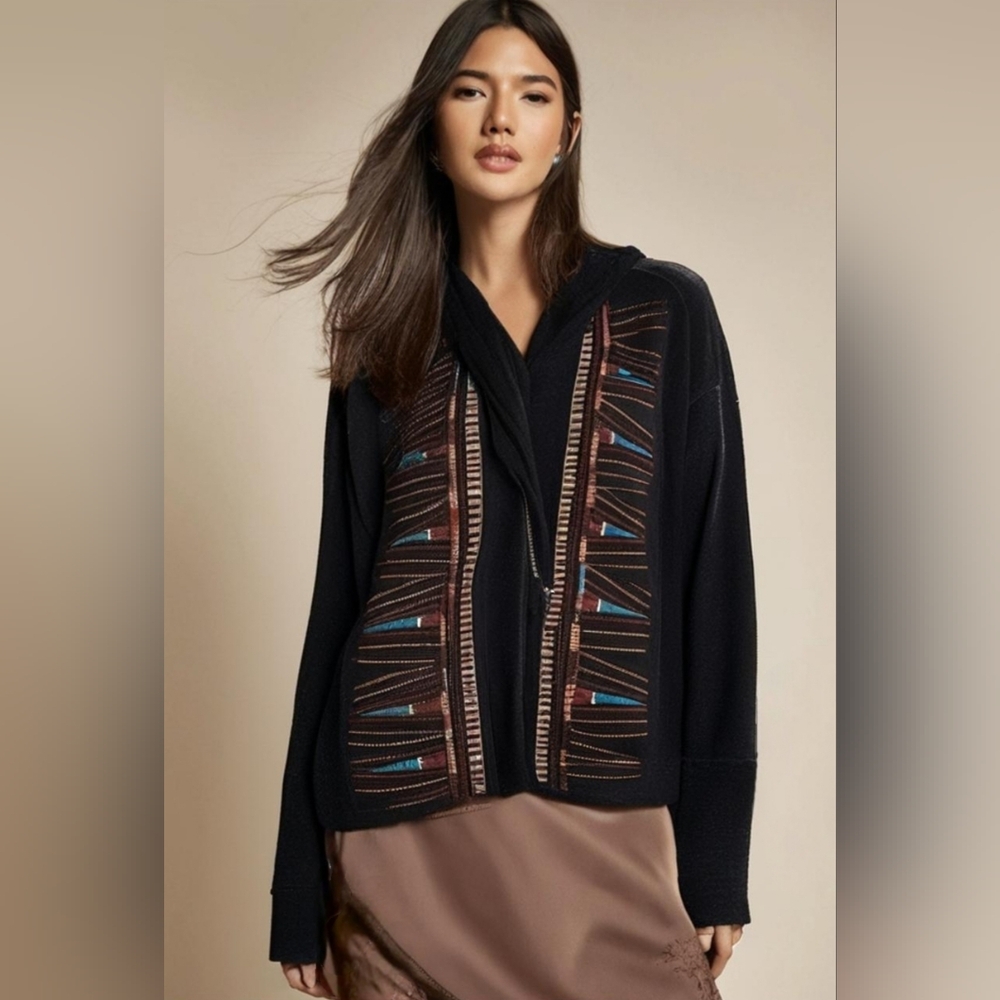 Miss Me Black Fleece Hooded Jacket With Southwestern Embroidered Detail